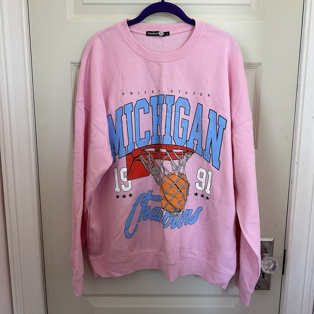 Boohoo Tall Women Large Pink Michigan 1991 Basketball Champions Sweatshirt